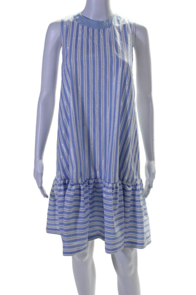 Imperial Womens Metallic Striped Print Back Button Drop Waist Dress Blue Size S