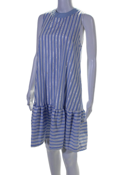 Imperial Womens Metallic Striped Print Back Button Drop Waist Dress Blue Size S