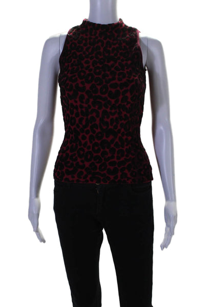 Milly Womens Animal Print Textured Sleeveless Mock Neck Blouse Red Size P