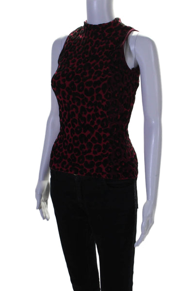 Milly Womens Animal Print Textured Sleeveless Mock Neck Blouse Red Size P