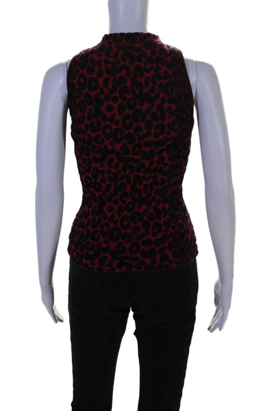 Milly Womens Animal Print Textured Sleeveless Mock Neck Blouse Red Size P