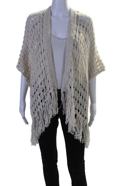 360 Sweater Women's Sleeveless Fringe Open Front Cotton Cardigan Beige Size S