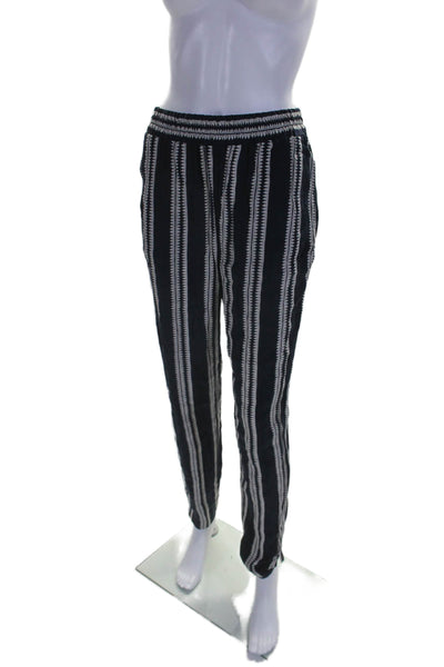 Whistles Womens Elastic Waist Striped Tapered Leg Pants White Blue Size 26