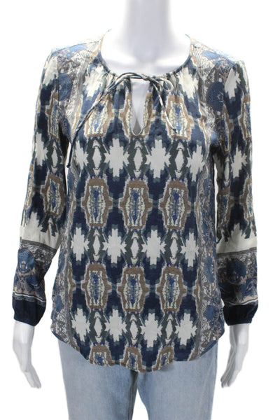 Ecru Women's V-Neck Tassel Long Sleeves Multicolor Silk Blouse Size XS