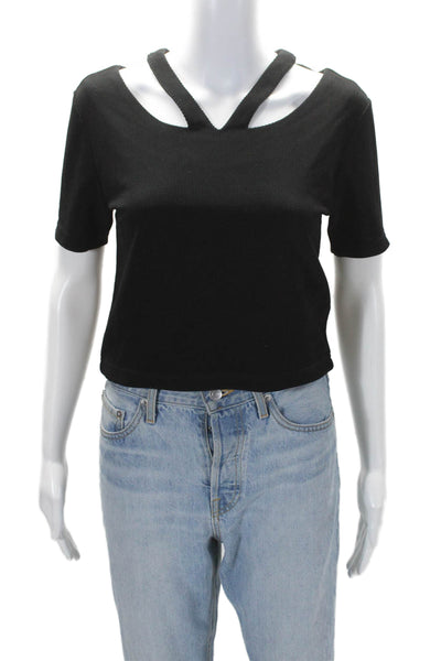 Quinn Women's V-Neck Cut-Outs Short Sleeves Cropped Top Black Size XS