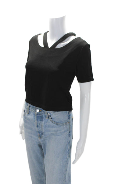 Quinn Women's V-Neck Cut-Outs Short Sleeves Cropped Top Black Size XS