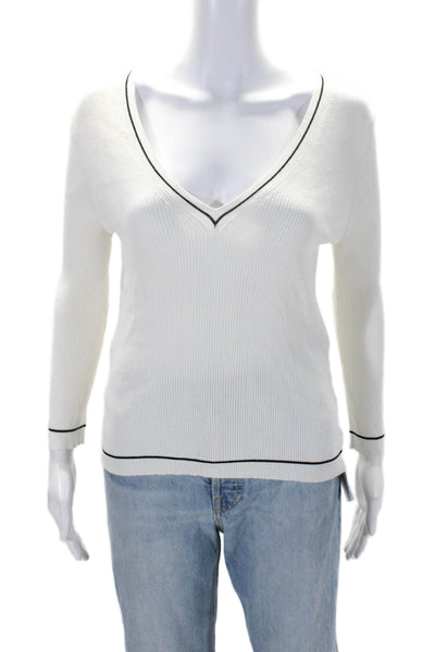 360 Sweater Women's V-Neck Long Sleeves Ribbed Pullover Sweater White Size S