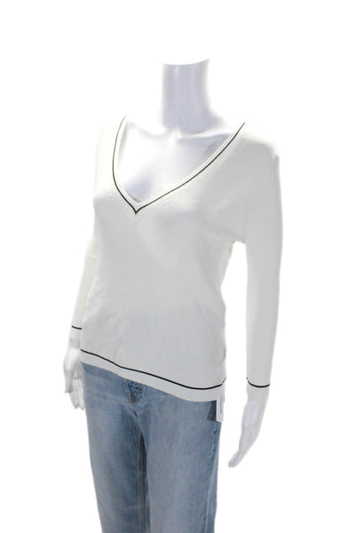 360 Sweater Women's V-Neck Long Sleeves Ribbed Pullover Sweater White Size S