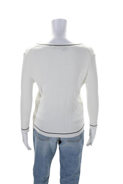 360 Sweater Women's V-Neck Long Sleeves Ribbed Pullover Sweater White Size S