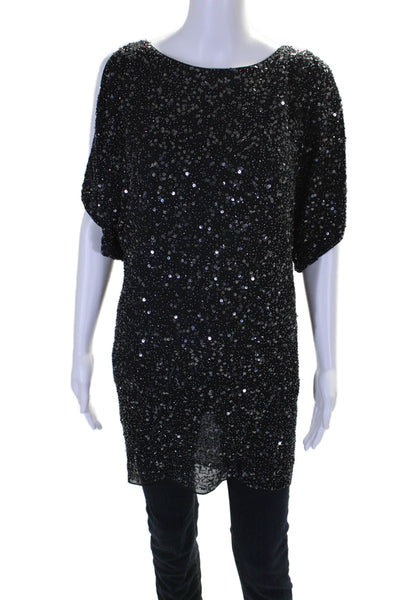 Aidan Mattox Womens Embroidered Sequin Beaded Cold Shoulder Blouse Black Size 0