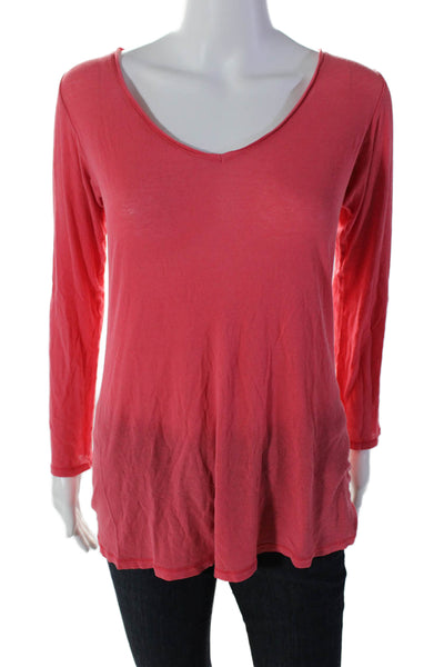 Majestic Paris Womens Long Sleeve Basic Sheer V-neck Top Hot Pink Size 2