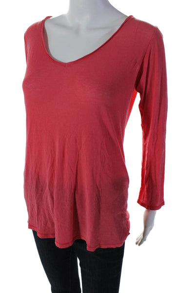 Majestic Paris Womens Long Sleeve Basic Sheer V-neck Top Hot Pink Size 2