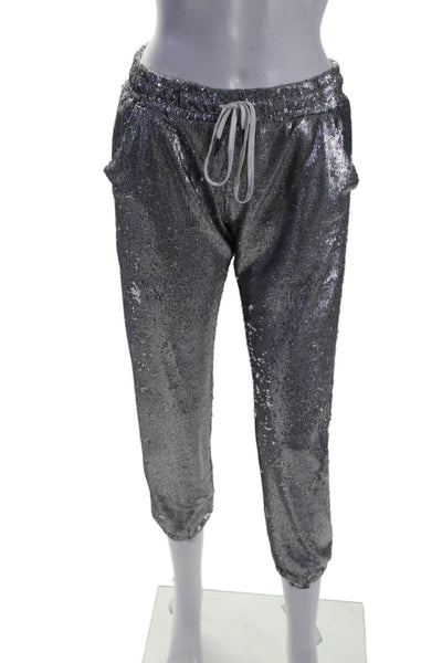 David Lerner Womens Silver Sequins Drawstring High Rise Jogger Pants Size XS