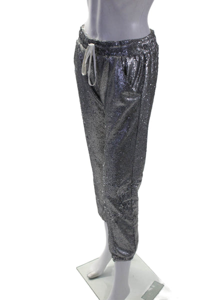 David Lerner Womens Silver Sequins Drawstring High Rise Jogger Pants Size XS