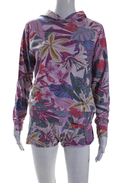 Sundry Womens Pink Floral Print Long Sleeve Pullover Hoodie Short Set Size 0