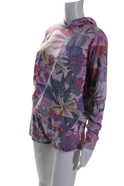 Sundry Womens Pink Floral Print Long Sleeve Pullover Hoodie Short Set Size 0