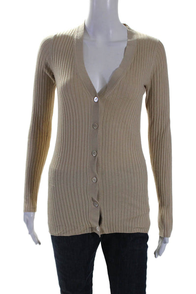 Vince Womens Brown Ribbed V-Neck Button Front Long Sleeve Sweater Top Size S