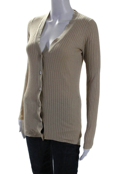 Vince Womens Brown Ribbed V-Neck Button Front Long Sleeve Sweater Top Size S