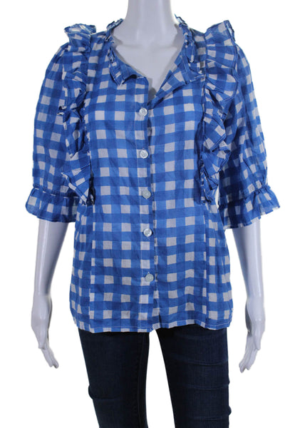 SZ Womens Button Front 3/4 Sleeve V Neck Ruffled Plaid Shirt Blue White Small