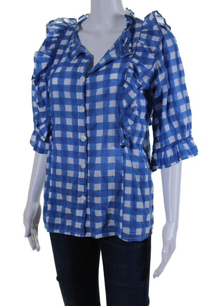 SZ Womens Button Front 3/4 Sleeve V Neck Ruffled Plaid Shirt Blue White Small