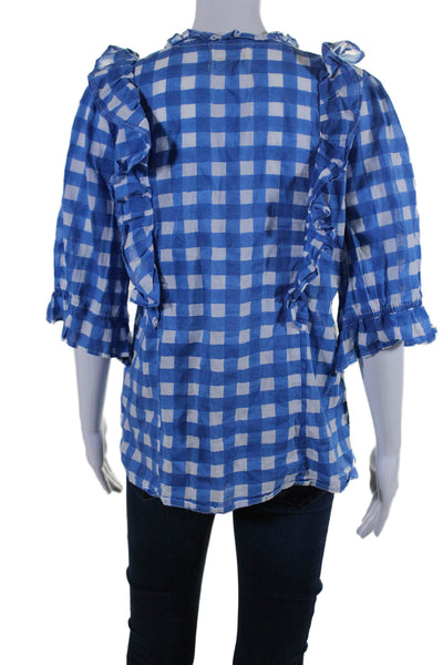 SZ Womens Button Front 3/4 Sleeve V Neck Ruffled Plaid Shirt Blue White Small