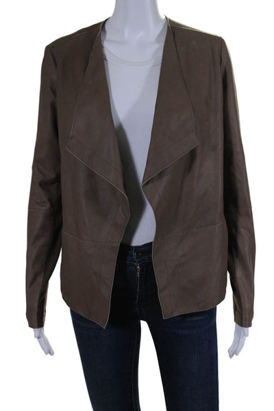 Vince Womens Leather Ribbed Trim Open Front Jacket Brown Size Extra Small