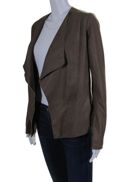 Vince Womens Leather Ribbed Trim Open Front Jacket Brown Size Extra Small