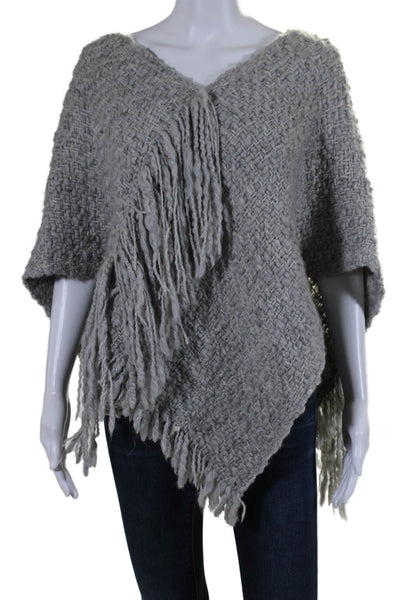 Juliette Jake Womens Woven V Neck Fringe Poncho Sweater Gray Wool Size One Size