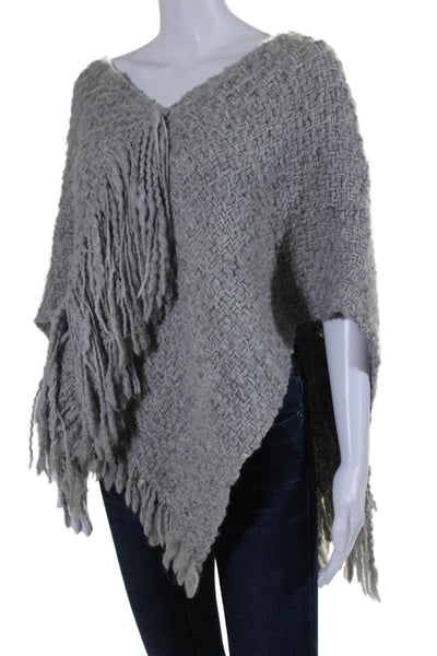 Juliette Jake Womens Woven V Neck Fringe Poncho Sweater Gray Wool Size One Size