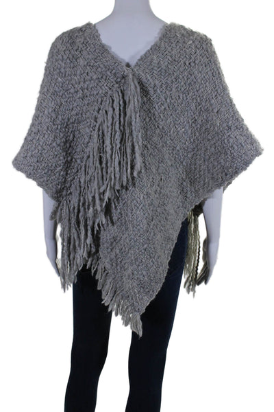 Juliette Jake Womens Woven V Neck Fringe Poncho Sweater Gray Wool Size One Size