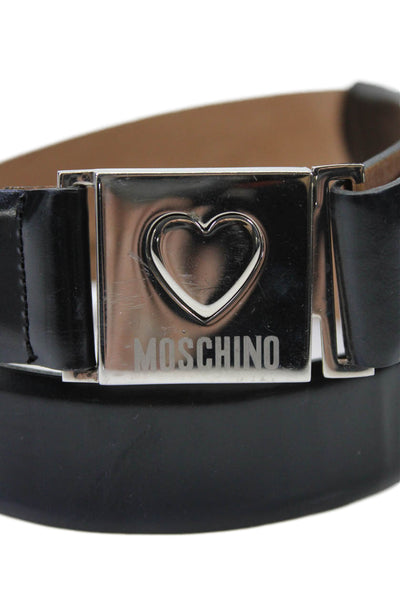 Moschino Womens Leather Silver Tone Medium Width Belt Black Size EUR 46