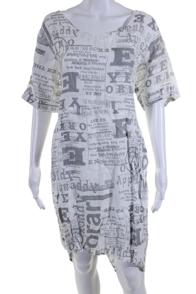 Ella Moda Womens Short Sleeve Scoop Neck Linen Newspaper Dress White Gray S/M