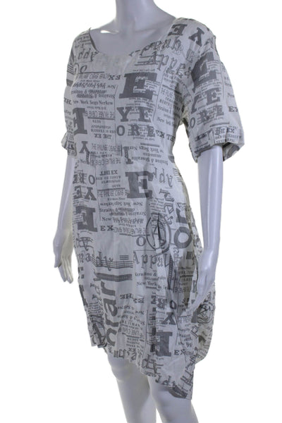 Ella Moda Womens Short Sleeve Scoop Neck Linen Newspaper Dress White Gray S/M