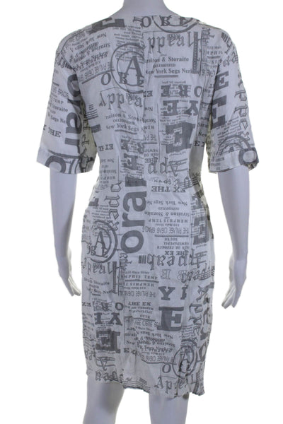 Ella Moda Womens Short Sleeve Scoop Neck Linen Newspaper Dress White Gray S/M