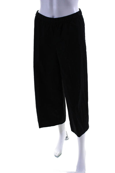 Eileen Fisher Womens Cotton Ruched Elastic Waist Wide Leg Pants Black Size M