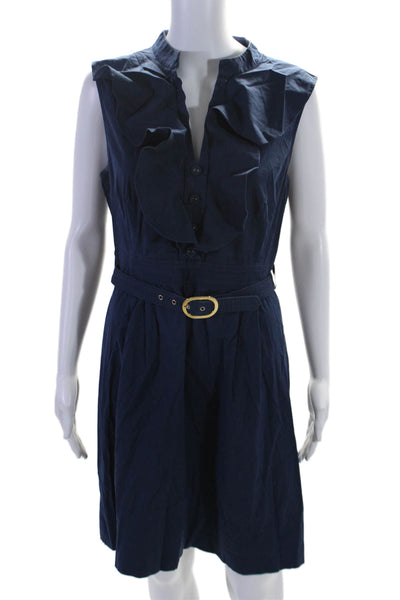 Designer Womens Ruffled Sleeveless Buckled Waist Pleated Dress Blue Size 8