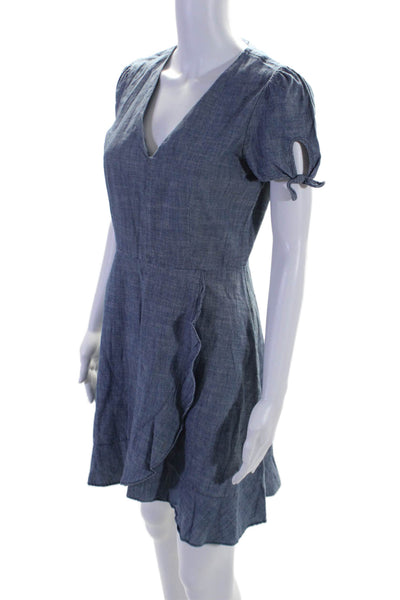 J Crew Womens Cotton Short Sleeved Bow Tied Ruffled Hem V-Neck Dress Blue Size 4