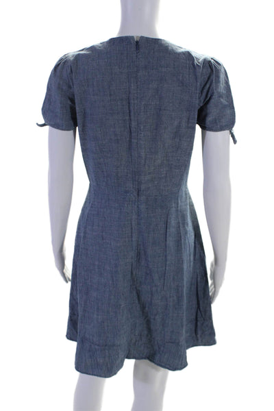 J Crew Womens Cotton Short Sleeved Bow Tied Ruffled Hem V-Neck Dress Blue Size 4