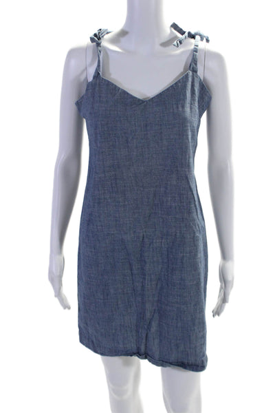 J Crew Womens Cotton Shoulder Tied V-Neck Dress Zipped Closure Blue Size S