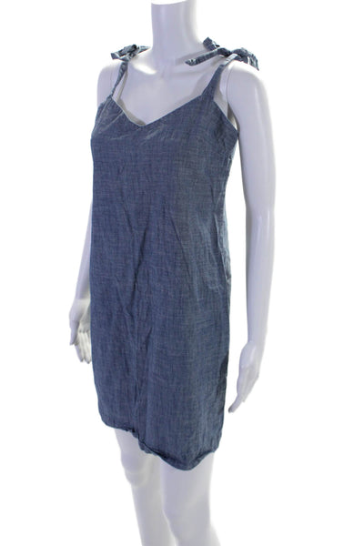 J Crew Womens Cotton Shoulder Tied V-Neck Dress Zipped Closure Blue Size S