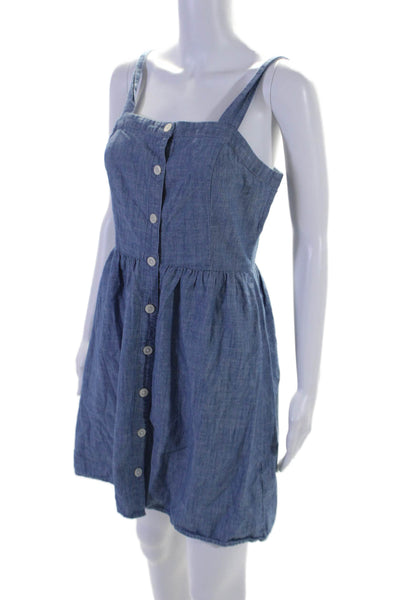 J Crew Womens Cotton Sleeveless Button-Up Ruffled Pleated Dress Blue Size 4