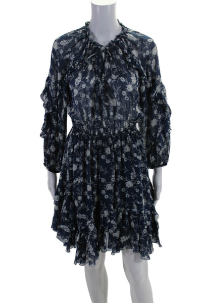 Ulla Johnson Womens Floral Print Long Sleeves A Line Dress Navy Blue Size 2