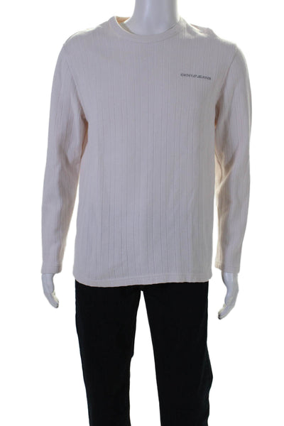 DKNY Men's Round Neck Long Sleeves Ribbed Basic T-Shirt Cream Size M