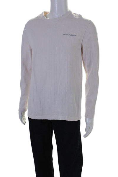 DKNY Men's Round Neck Long Sleeves Ribbed Basic T-Shirt Cream Size M