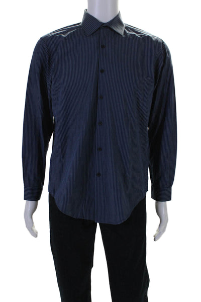 DKNY Men's Collared Long Sleeves Slim Fit Button Down Shirt Blue Striped Size 16