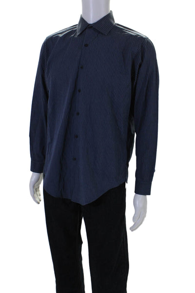 DKNY Men's Collared Long Sleeves Slim Fit Button Down Shirt Blue Striped Size 16