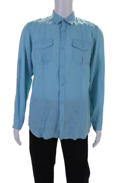 Calvin Klein Mens Long Sleeves Linen Patch Pockets Button Down Shirt Blue Size M