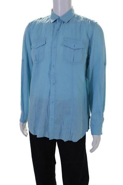 Calvin Klein Mens Long Sleeves Linen Patch Pockets Button Down Shirt Blue Size M