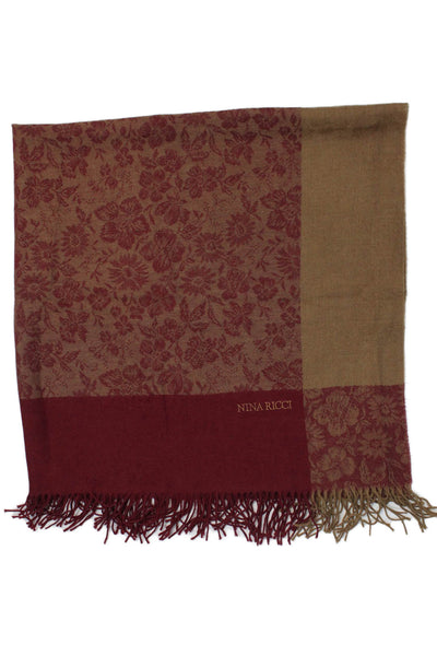 Nina Ricci Womens Fringe Trim Square Floral Print Cashmere Knit Scarf Red Brown