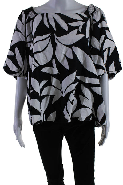 Vince Camuto Womens Floral Puff Sleeve Square Neck Blouse Black White Size XL